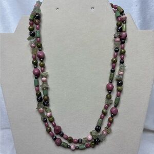 Sterling Carolyn Pollack Shades of Green & Pink Gemstone Beaded Necklace 36 in